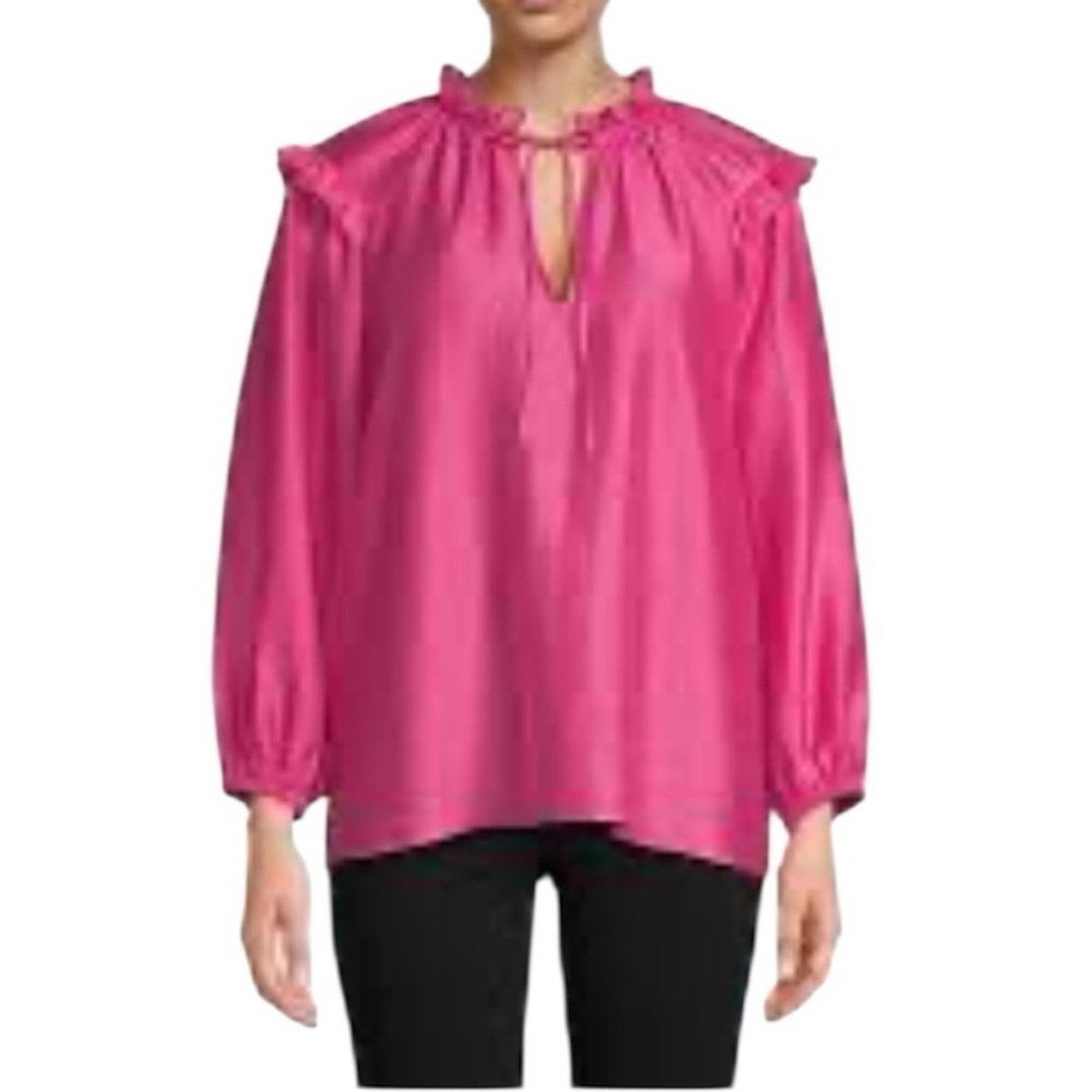 Hudson North Colourful Relaxed Lyocell Ruffle Long Sleeve Blouse Medium Hot Pink